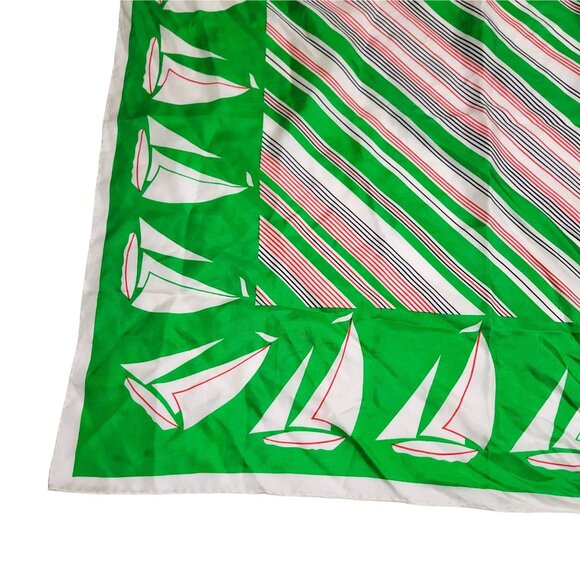 Vintage Echo Silk Scarf Green Nautical Sailboat Print Red Black Stripes As-Is - Picture 8 of 16